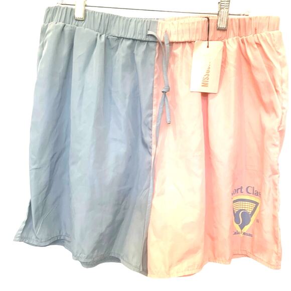 Missguided Sports Class Athleisure Shorts 14 Blue Pink High Waist Pockets Preppy - Picture 1 of 7